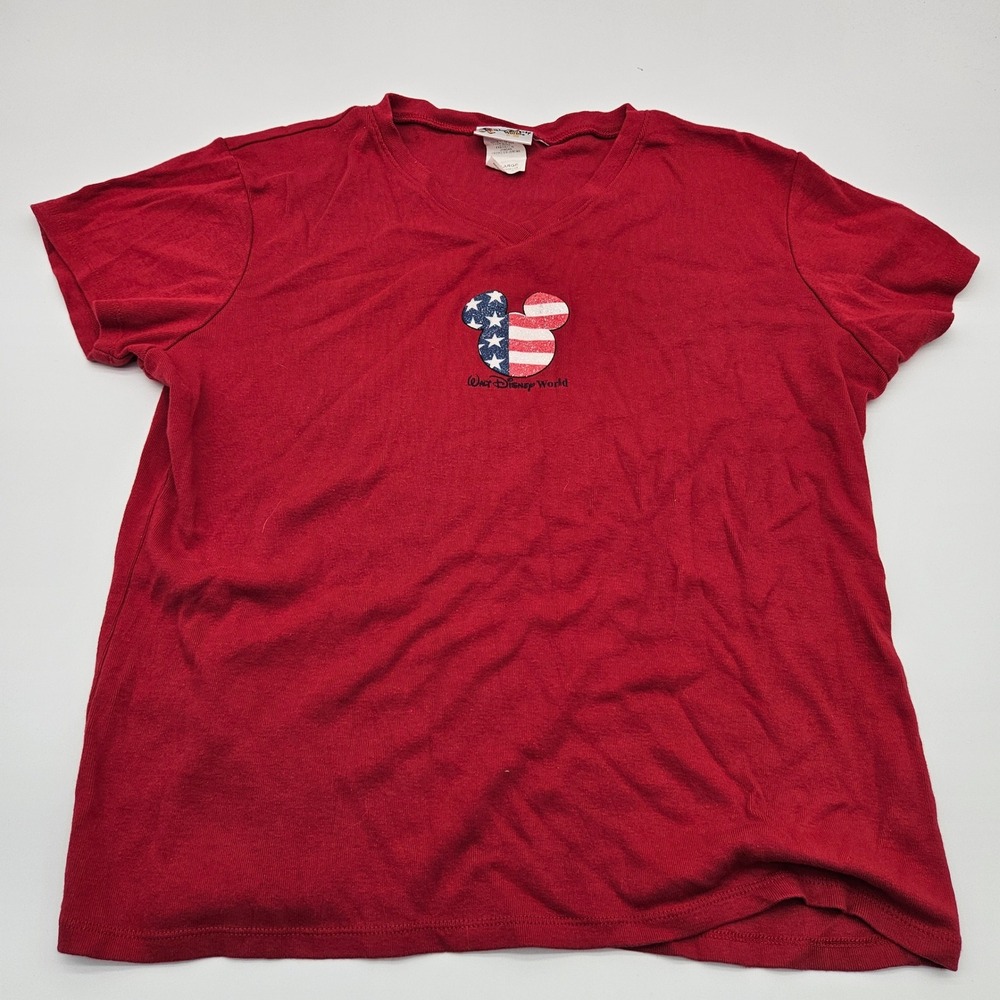 Walt‎ Disney World Mickey Mouse American Flag V-Neck T-Shirt XX-Large Red